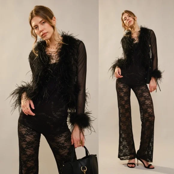 Elegant Black Feathered Women's Top - Picture 1 of 7